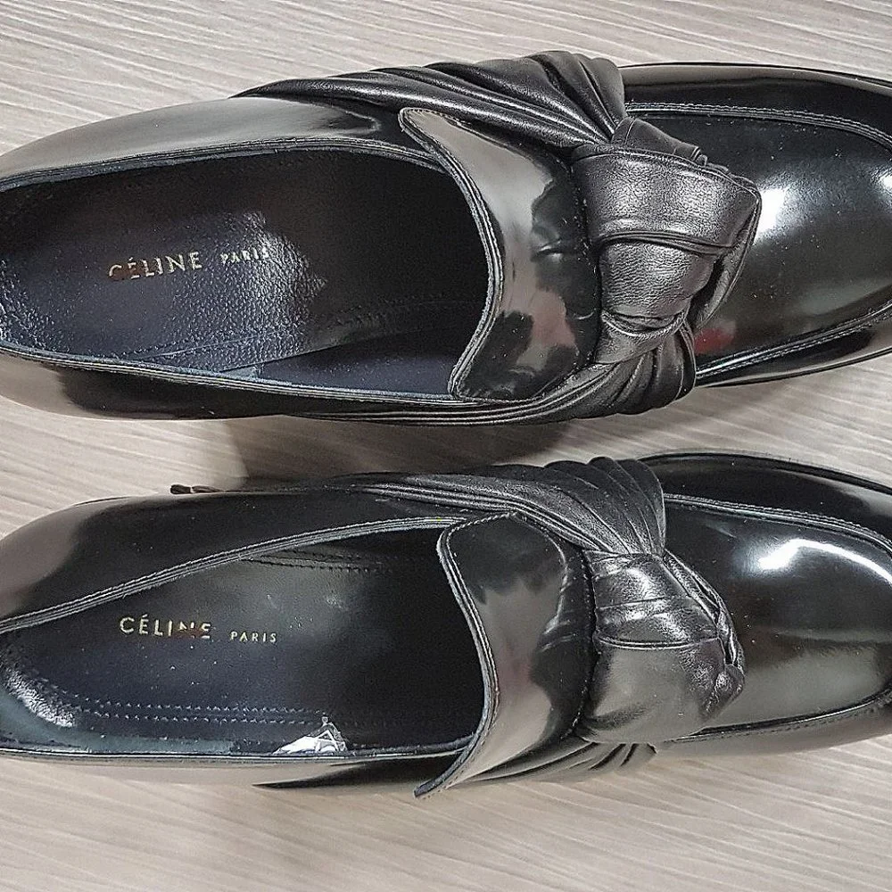 Celine Phoebe Phile Black Leather Bow Wedge Platform Shoe Womens Size 5.5 / 35.5 - Picture 5 of 8